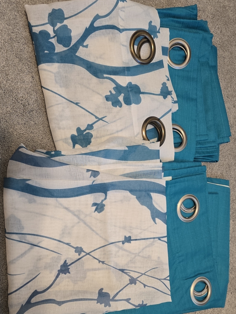 Blue Floral Print Curtain Set Teal & White. 4 Panels